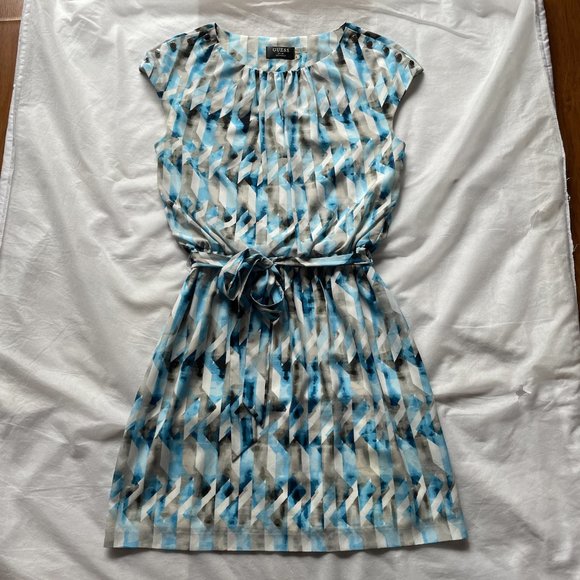 Guess Blue and White Geometric Belted Dress, Size 6 - Picture 3 of 10
